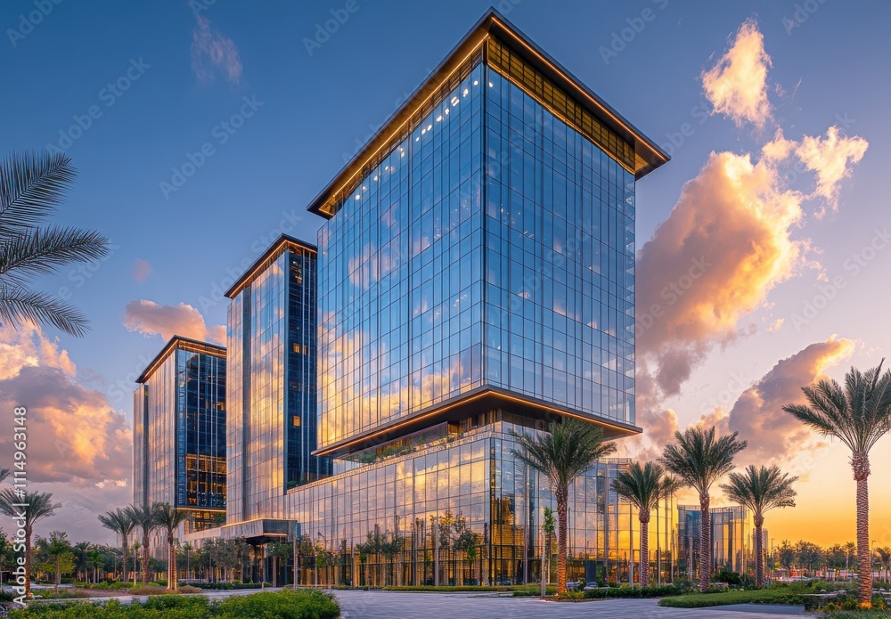Obraz premium Modern Glass Building with Vibrant Reflections at Sunset Surrounded by Palm Trees and Dramatic Cloud Highlights in an Urban Setting