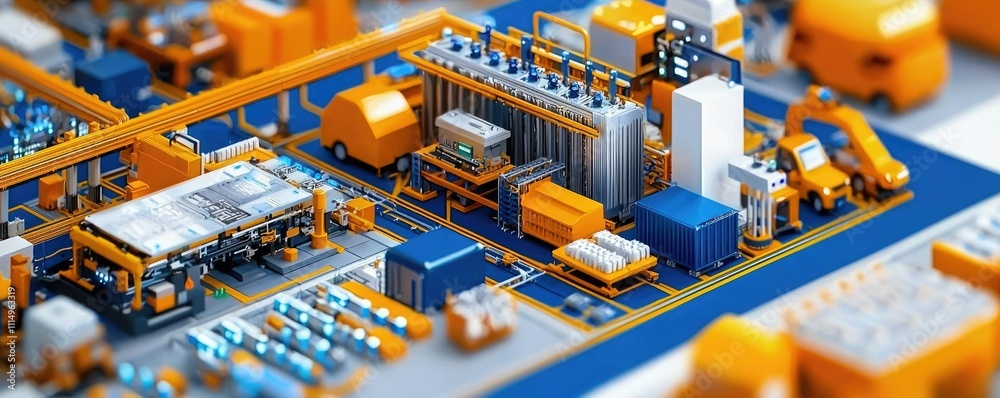 A detailed, colorful model of an industrial setup featuring machinery, components, and systems arranged in an organized layout. A detailed, colorful model of an industrial setup featuring machinery, components, and systems arranged in an organized layout.