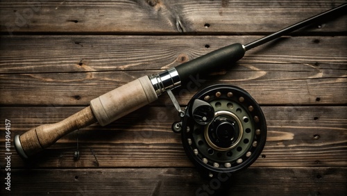 Fly Fishing Rod and Reel on a Wooden Background photo