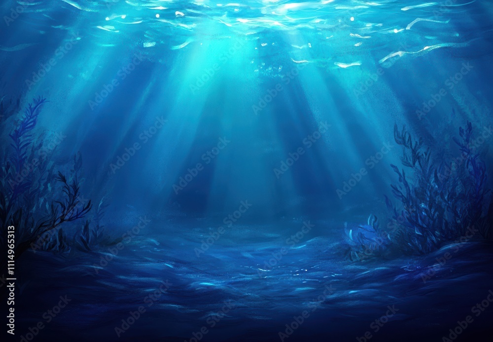 Obraz premium Tranquil Underwater Scene with Sunlight Rays Filtering Through the Surface, Creating a Peaceful and Serene Ocean Atmosphere with Clear Blue Water