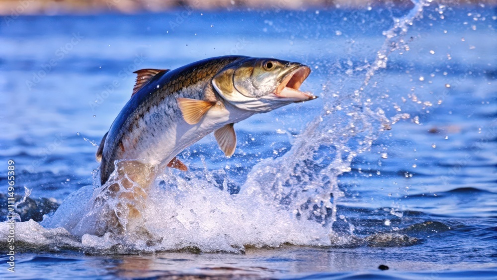 Obraz premium Fish leaping from water with splashing and a blue background