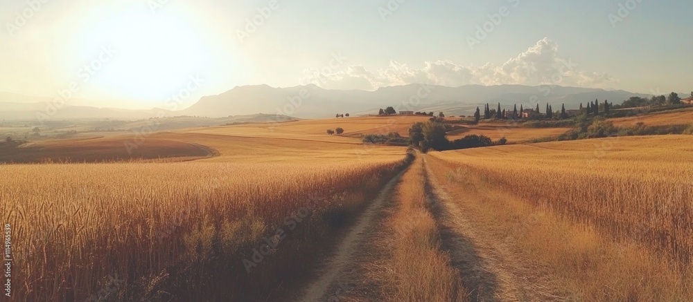 Fototapeta premium Fruits of Labor. Sunlit wheat fields: golden fields ready for harvest under a bright sun. Symbolizes readiness and the fruits of labor.