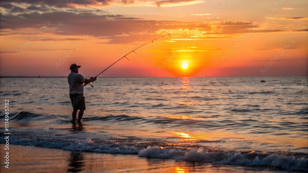 Fototapeta premium Silhouette of a Fisherman Casting a Line at Sunset Over the Ocean