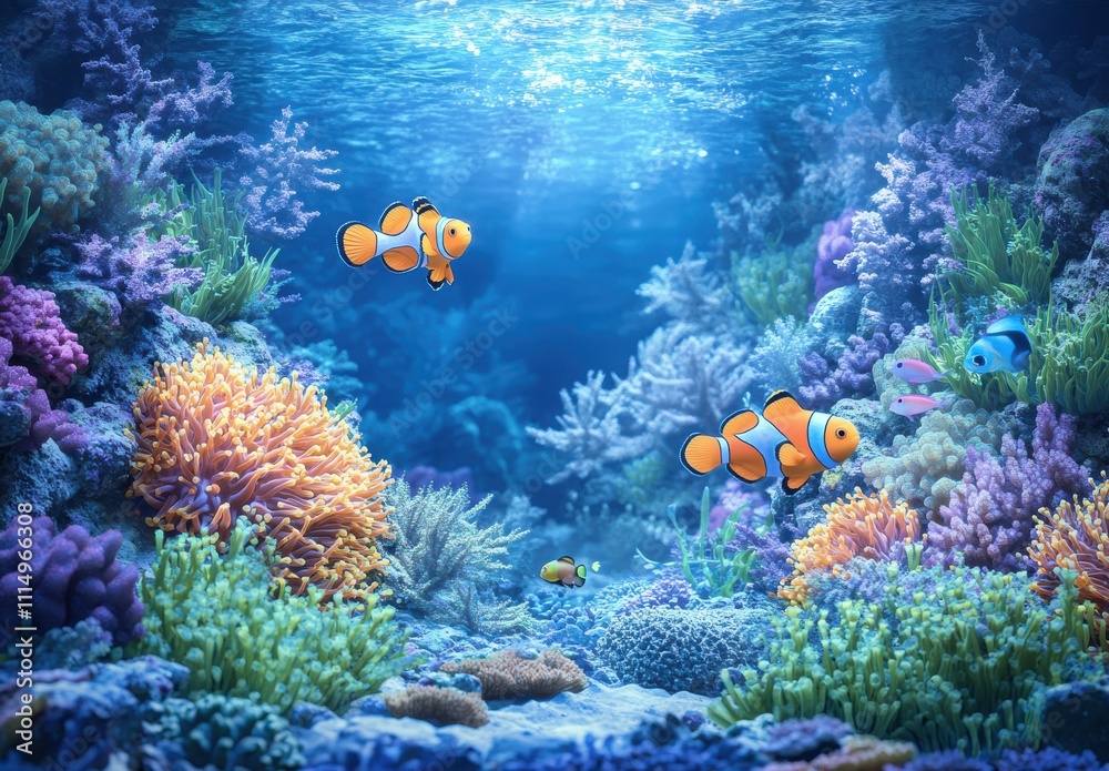 Obraz premium Underwater Scene with Colorful Coral Reef and Tropical Fish Swimming in Crystal Clear Water, Showcasing the Beauty of Marine Life and Biodiversity in the Ocean