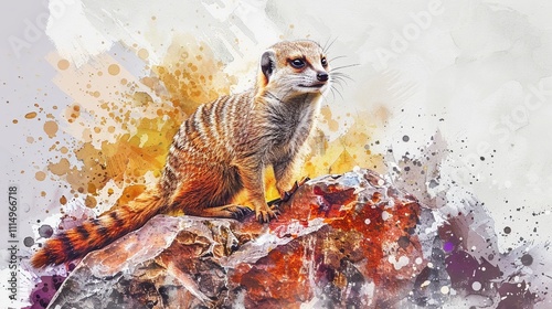 A playful watercolor scene of a tiny cute kangaroo with vibrant geometric fur bouncing through a field of pastel pixelated flowers on a clean background symbolizing freedom and natural beauty