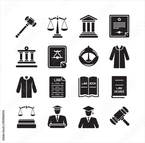 silhouette vector style Collection of ten law icons: gavel, scales, courthouse, etc .white background