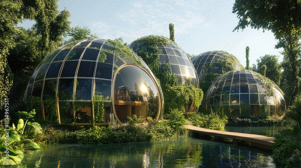Fototapeta premium Futuristic geodesic domes nestled in lush forest, reflecting sunlight on tranquil water.