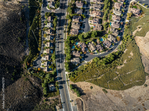 Aerial view of neighborhood community in Newport, California before sunset. photo