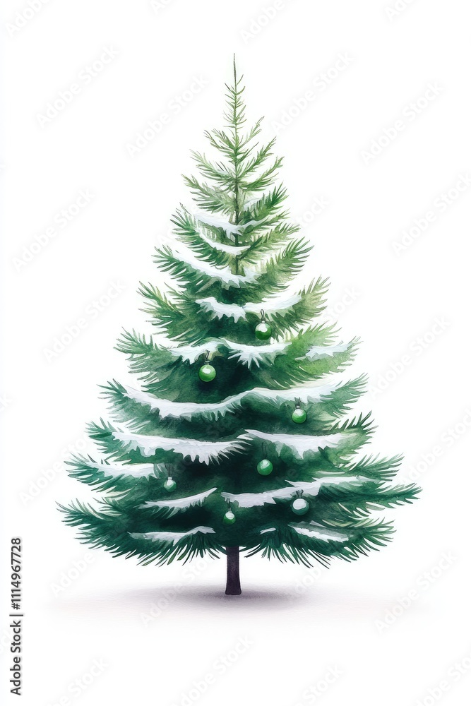 Fototapeta premium A Christmas tree adorned with green and white decorations, a watercolor illustration on an isolated background