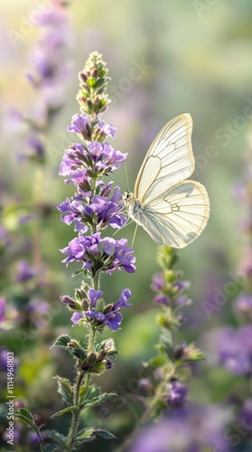 Close-up image of a white butterfly exploring a purple vervain flower in a wild garden, wildlife conservation, insect photography, winged creature, beauty in nature, fragile
