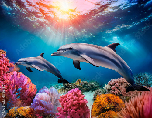 Delfines y corales de colores en el fondo del mar.
