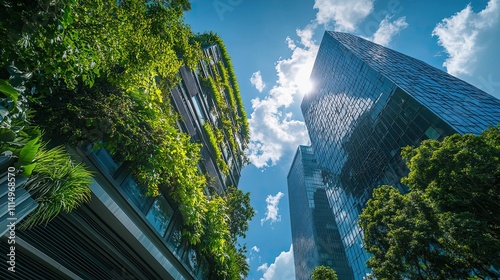 Green Building and Modern Skyscraper Contrast Against Blue Sky photo