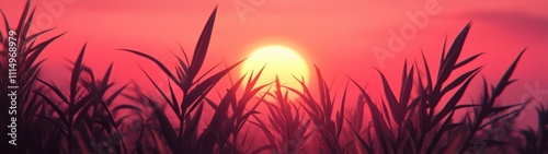 Sunset over tall grass, creating a serene natural landscape.