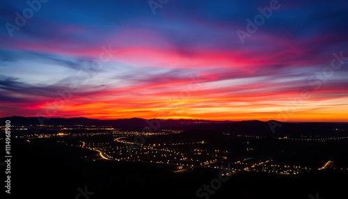 Vibrant Sunset Over Nightlit Suburban Landscape photo