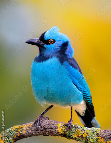 Pájaro azulejo con pico de color negro, parado en la rama de un árbol.