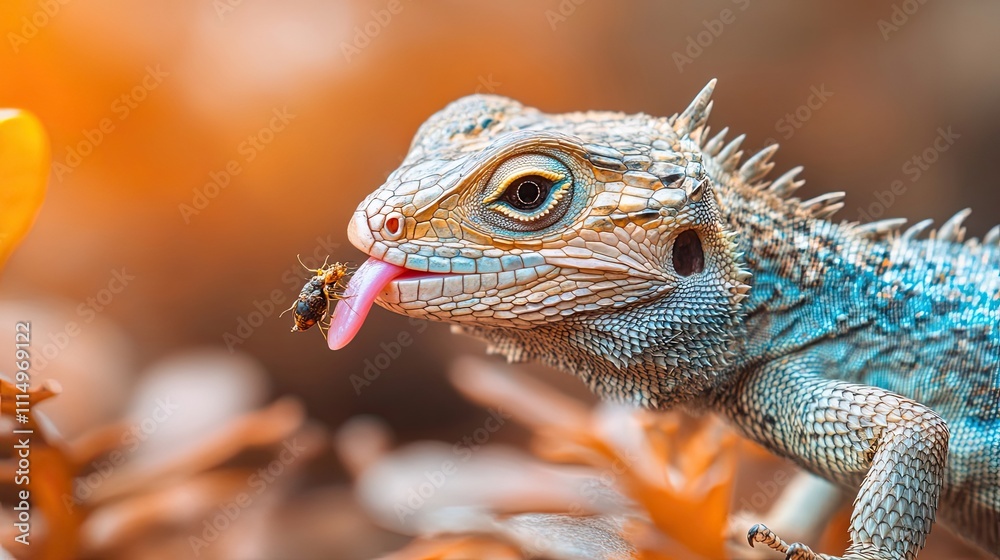 Fototapeta premium Lizard catching insect with its long pink tongue