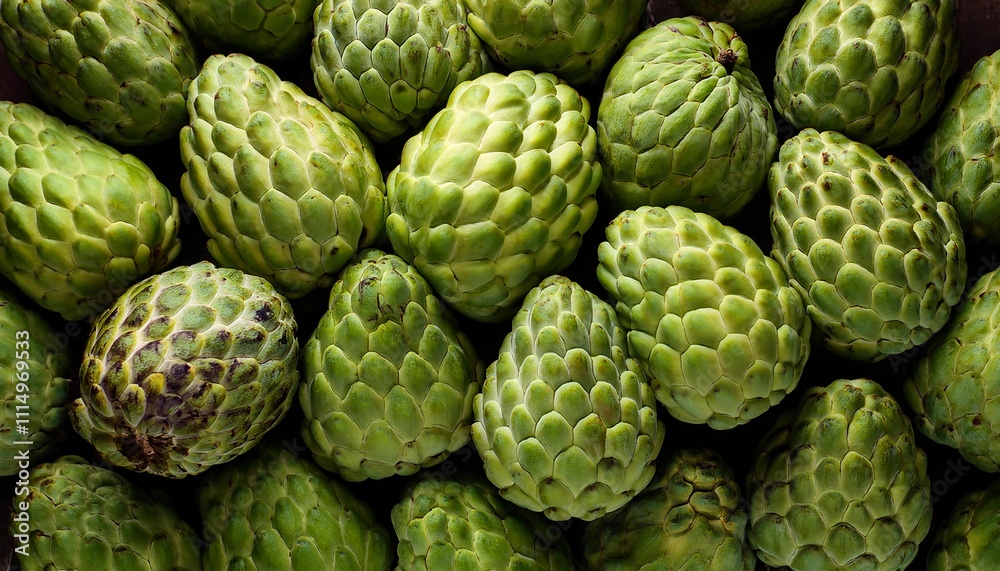 Fototapeta premium Flat Lay Top View of Bright Ripe Fragrant Green Cherimoya Fruit as Background