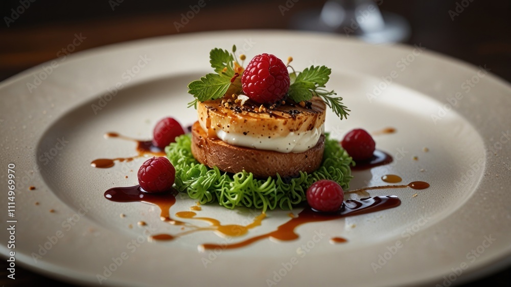 Gourmet dessert with raspberries, cream, and garnish on a white plate. Gourmet dessert with raspberries, cream, and garnish on a white plate.