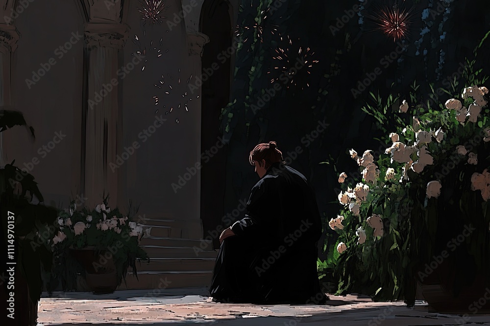 Obraz premium A person in dark robes sits alone amidst blooming white flowers, watching fireworks display in a shadowy courtyard.