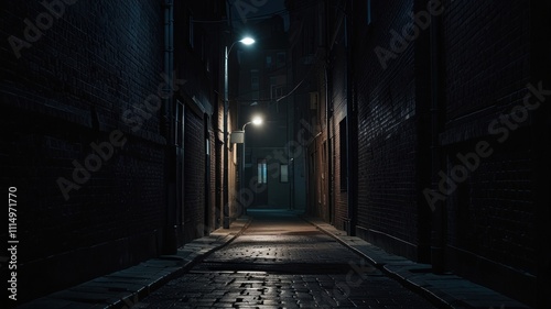  Dark, narrow alleyway at night, dimly lit by streetlamps. Cobblestone path leads to a foggy, mysterious end.