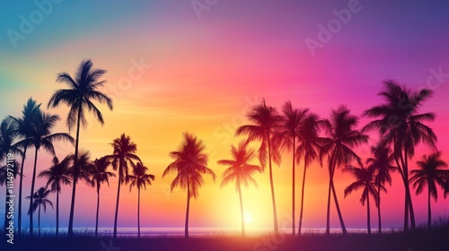 Vibrant sunset over a tropical beach with palm silhouettes 