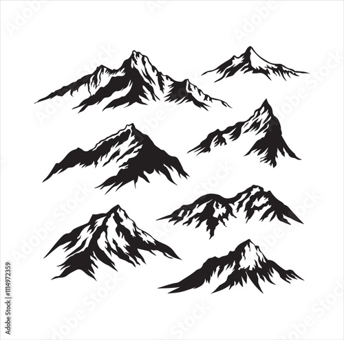 Mountain Ranges Silhouette Collection: Himalayas, Rockies, Andes, and Alps. white background