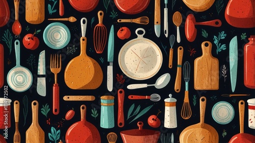  Colorful seamless kitchen utensil pattern.