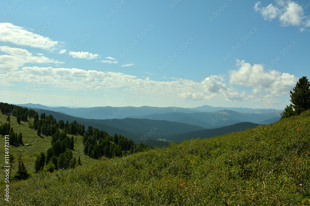 Fototapeta premium The gentle slopes of a grassy mountain range overlooking a picturesque valley on a sunny summer day.