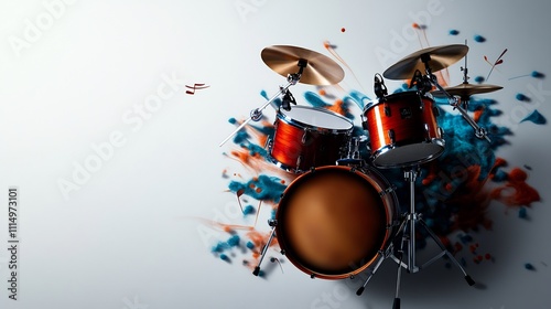 Colorful paint splattered drum kit. photo