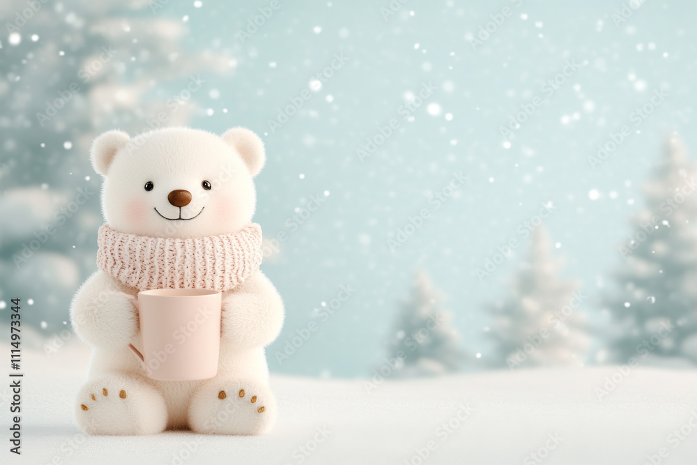 Cozy polar bear holding cup in snowy winter scene Cozy polar bear holding cup in snowy winter scene