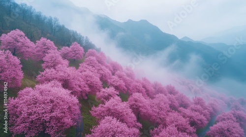 Breathtaking mountain valley filled with vibrant pink flowers and flanked by lush green hills under a blue sky photo