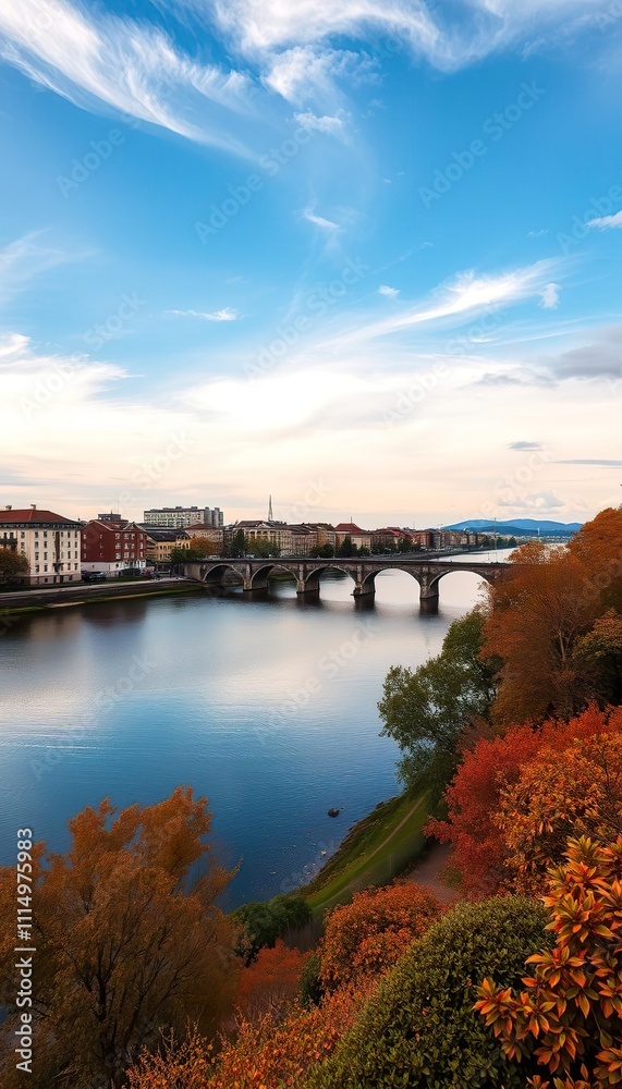 Obraz premium Autumnal River Scene with Stone Bridge and City Buildings