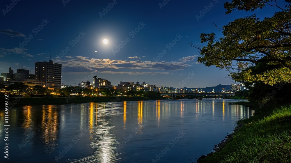 Naklejka premium The beauty of nature captured on a moonlit night beside the river, with the soft glow of the moon reflecting on the calm water, creating a serene and peaceful atmosphere, 