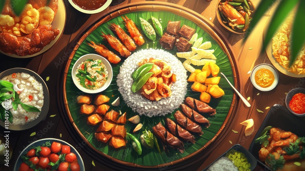 Fototapeta premium A Lavish Asian Feast: Sumptuous Cuisine on a Banana Leaf Platter