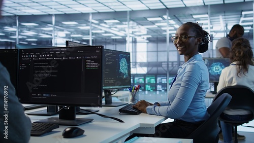 Принти на полотні Portrait of smiling woman tasked with doing checkup on server room rows providing computing resources for different workloads