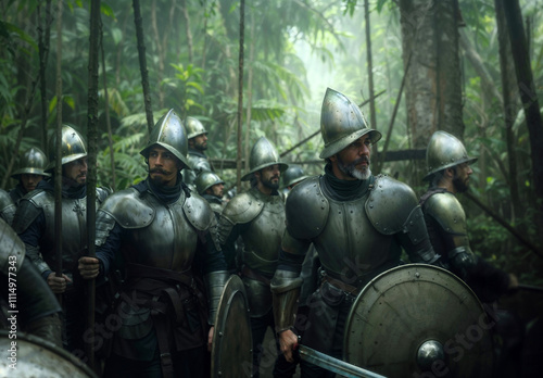 A group of Spanish conquistadors in steel armor stand amidst a misty jungle, shields and swords ready for battle. The dense forest emphasizes the danger and mystery of their journey.  photo