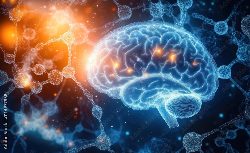 Surreal Human Brain Intertwined with Molecular Structures in Vibrant Blue and Orange Colors