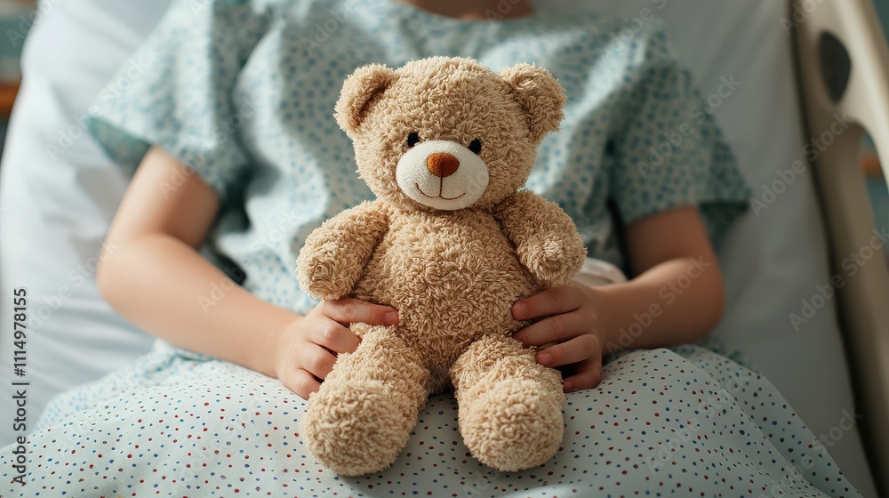 Fototapeta premium A child holds a soft teddy bear while sitting on a hospital bed, conveying comfort and warmth during a difficult time.