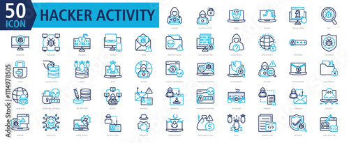 HACKER ACTIVITY ICONSET COLOR OUTLINE STYLE with hacker,hacker activity,hack,worms,trojan horse,bug,malware,malware,hacking,device photo