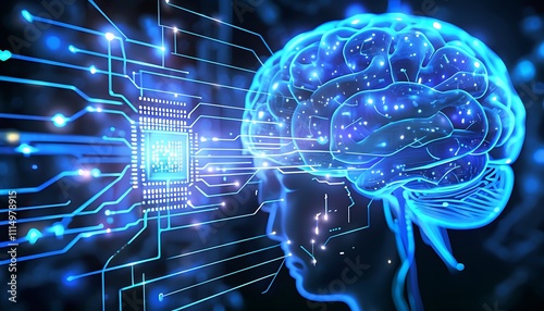 glowing circuits flowing from a processor into a brain ai concept