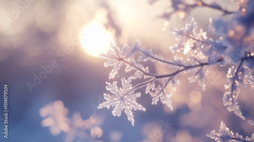 Glittering Frosty Details on a Winter Branch with Soft Bokeh - made with Generative AI photo