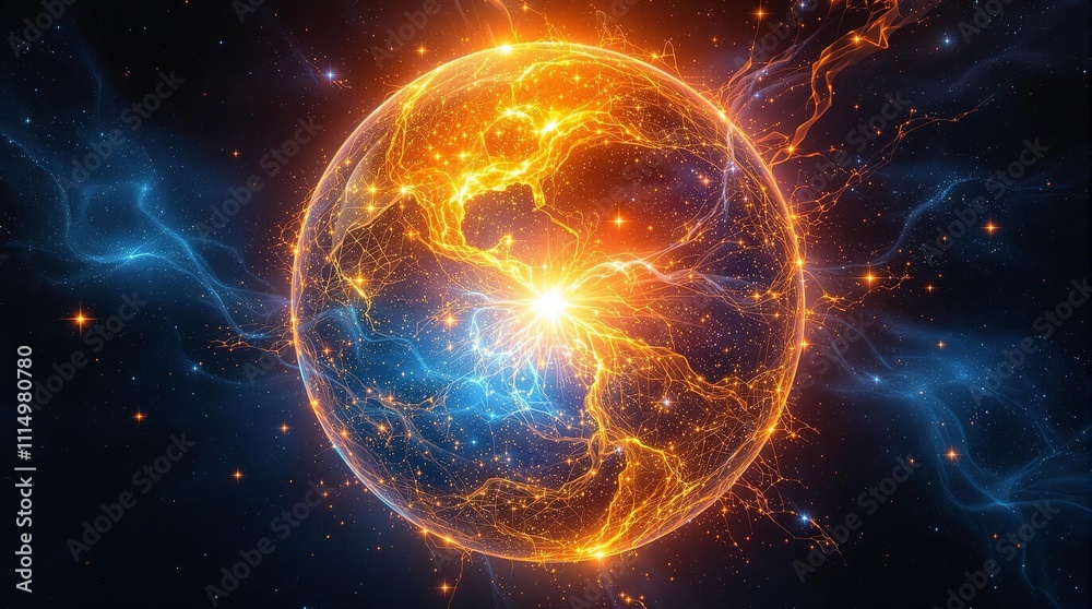 Obraz premium Vibrant cosmic energy sphere with fiery and electric sparks in space