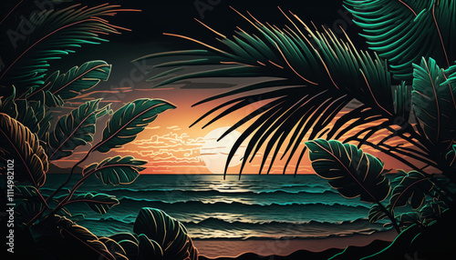 Digital art of palm fronds on moody tropical beach at sunset