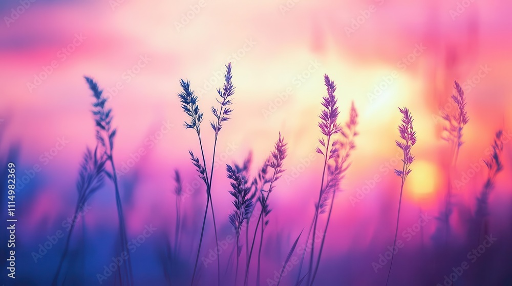Fototapeta premium breathtaking sunset casts a warm glow over a vast, golden field, with silhouettes of gently swaying grass against the colorful sky, evoking feelings of peace and tranquility