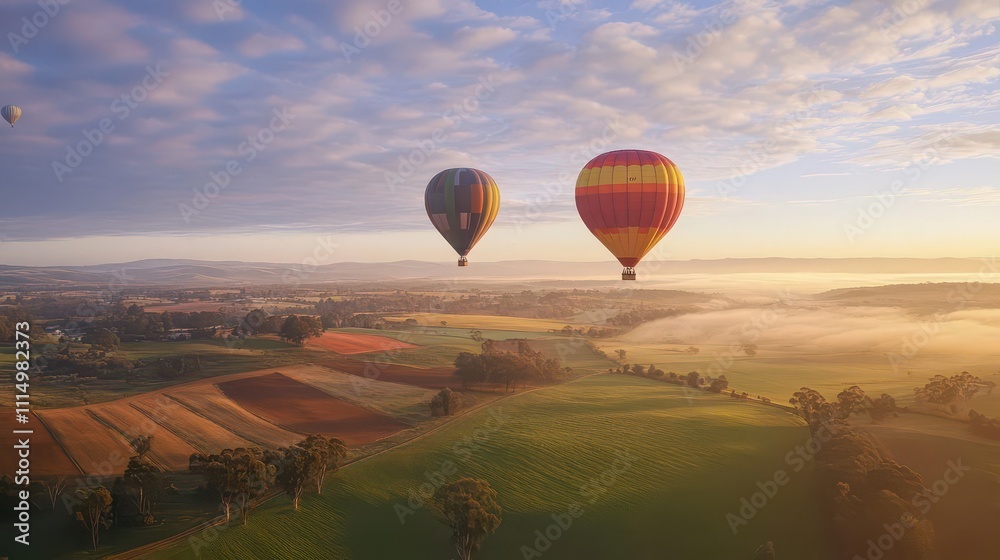 Obraz premium breathtaking scene of hot air balloons floating majestically over a quilted landscape of farmland, with vivid colors and soft clouds, giving a whimsical and serene feel to the countryside
