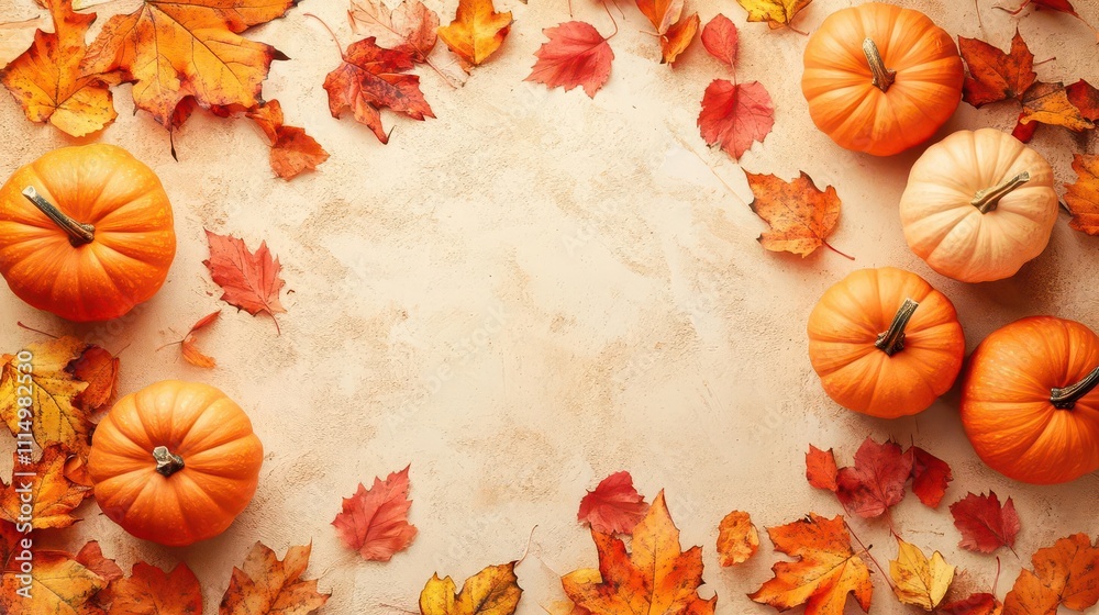 Fototapeta premium bright orange pumpkins and vibrant autumn leaves artfully arranged on a soft beige background, capturing the essence of fall with a warm, inviting palette