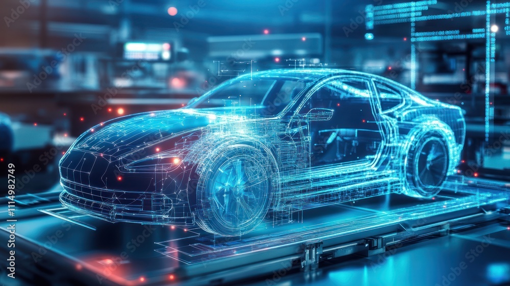 3D holographic model of a car in a futuristic setting. 3D holographic model of a car in a futuristic setting.