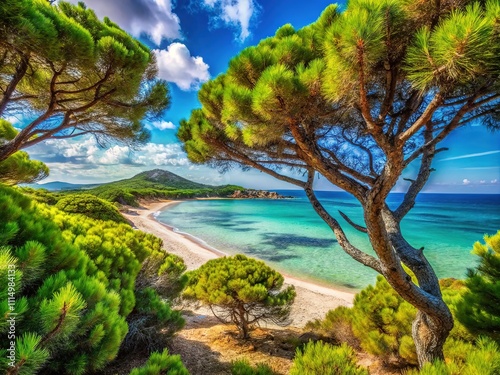 Sardinian Beach Pines, Budoni, Candid Photo, Italian Coastline, Coastal Scenery photo