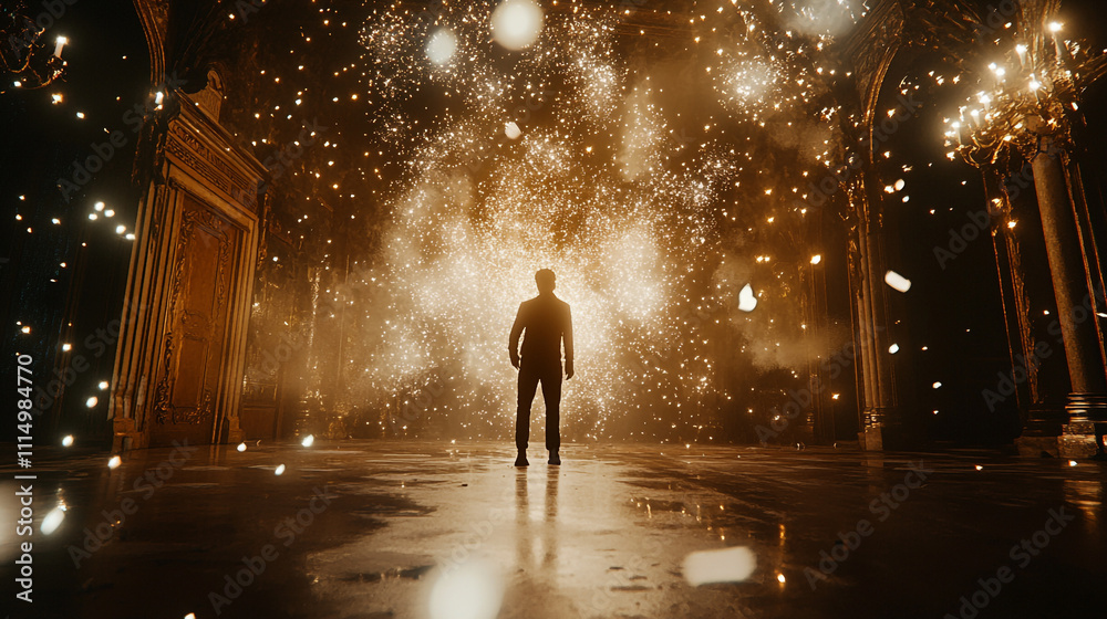 Dramatic silhouette against a backdrop of shimmering sparks in an ornate space Dramatic silhouette against a backdrop of shimmering sparks in an ornate space