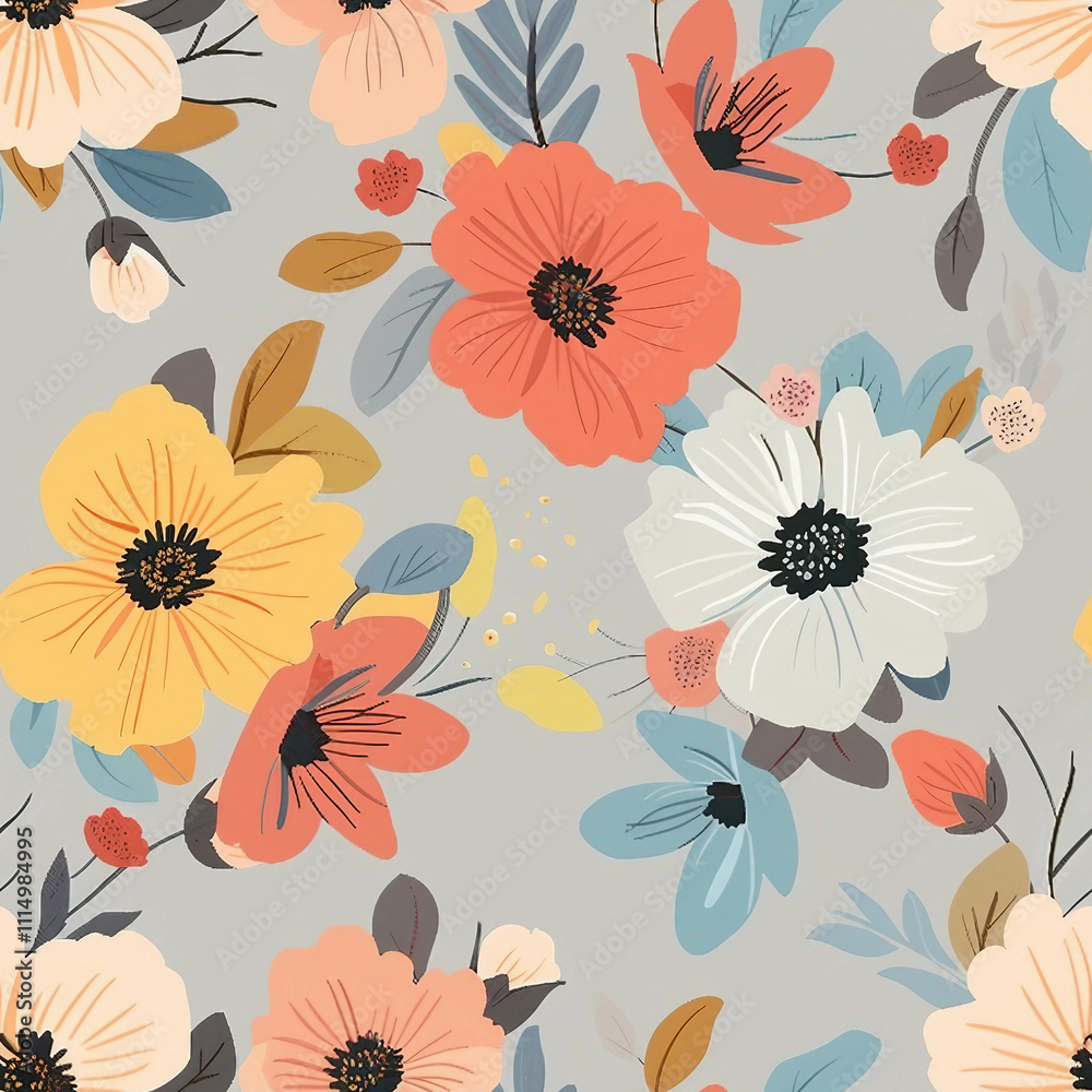 Fototapeta premium Colorful Flowers on Gray Background Seamless Pattern